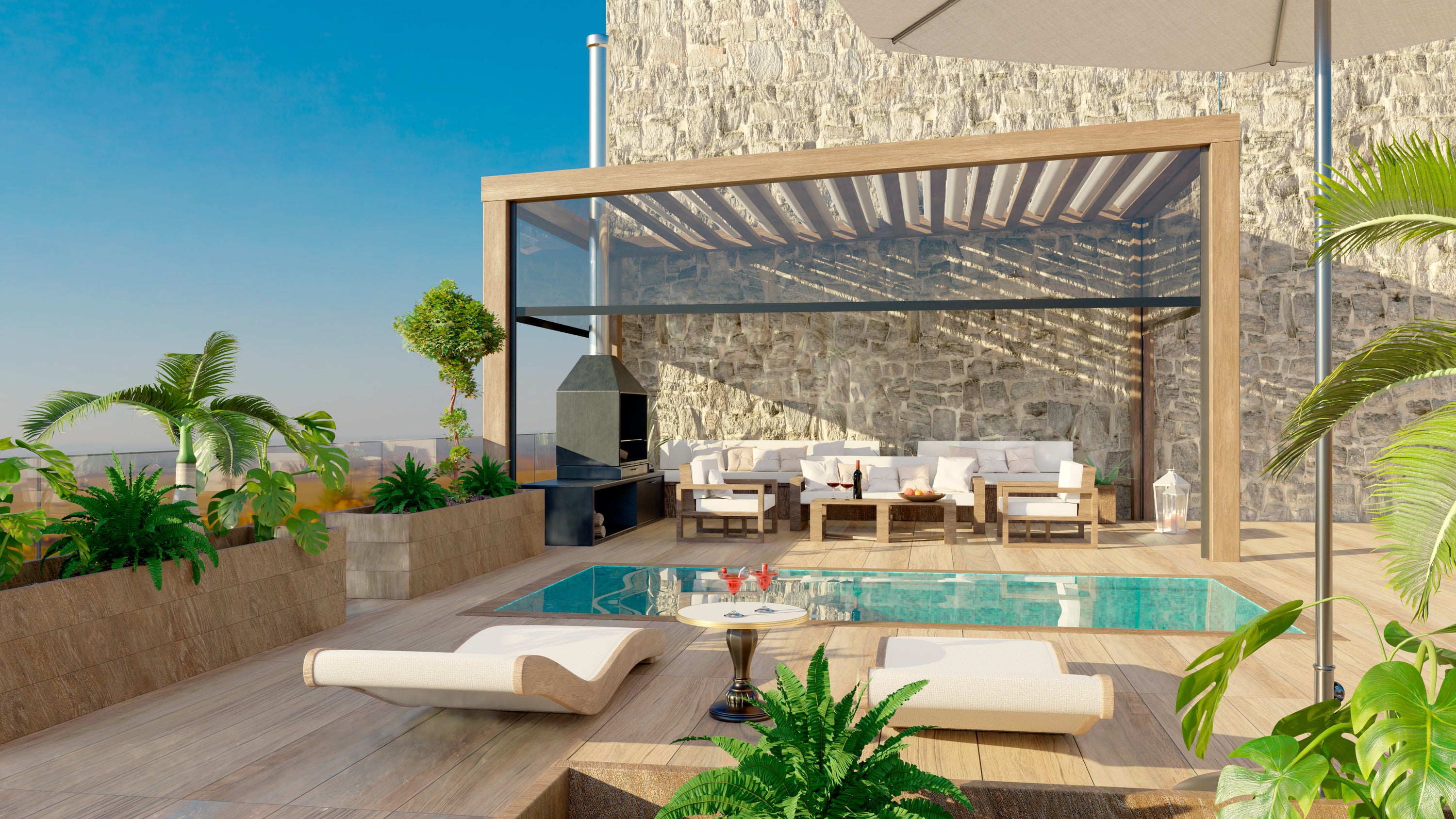 outdoor pool area with teak furniture
